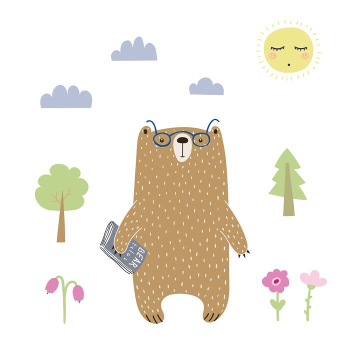 Poster Ernstige teddybeer met bril en een boek