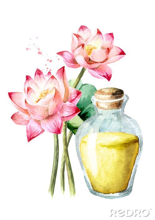Poster Etherische olie in een glazen schaal en bloemen tekenen