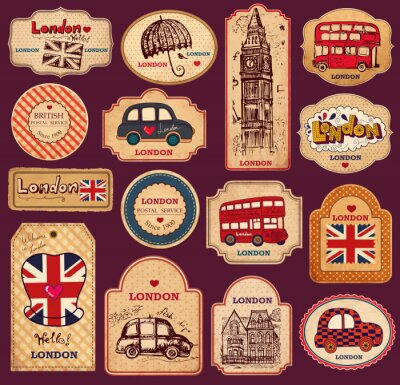 Etiketten met symbolen uit Londen