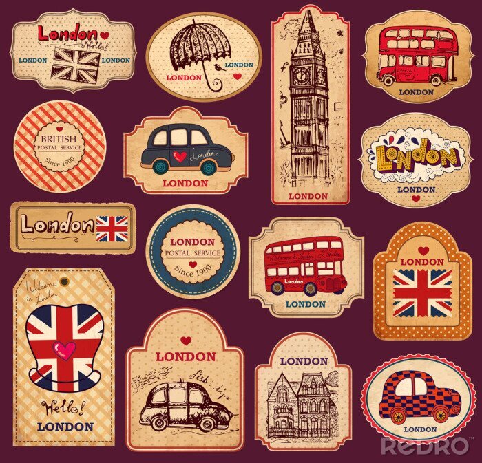 Poster Etiketten met symbolen uit Londen