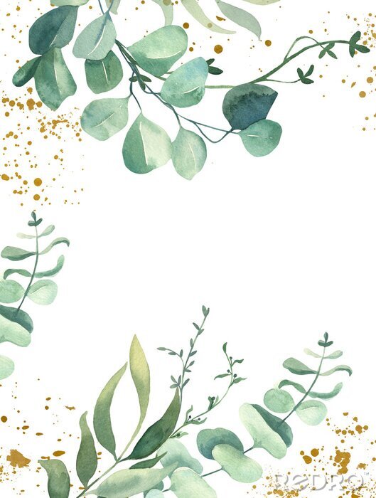Poster Eucalyptusbladeren met gouden verfdruppels