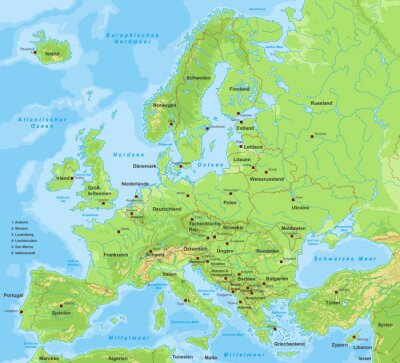 Poster Europakarte - met opschrift (landen en steden)