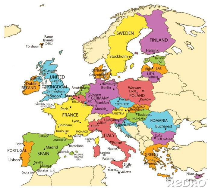 Poster Europe union map with countries and cities