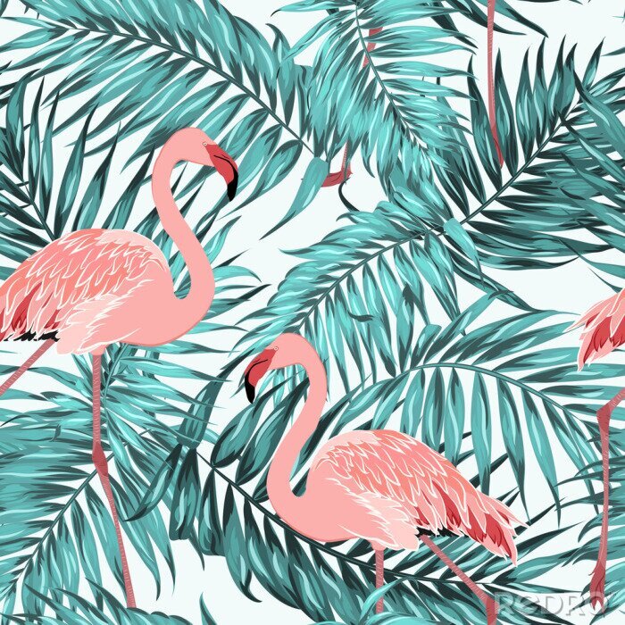Poster Exotische flamingo's en bladeren