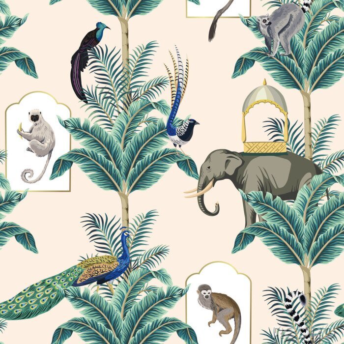 Poster Exotische olifanten apen en planten