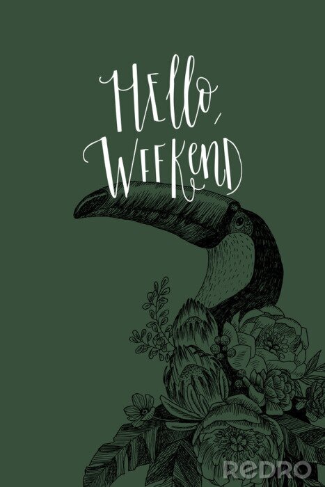 Poster exotische vogel tukan met bloeiende bloemen en Hallo, weekend inscriptie. Uitnodiging, briefkaarten decoratief element. Tropisch concept. bloem concept. Vector ontwerp
