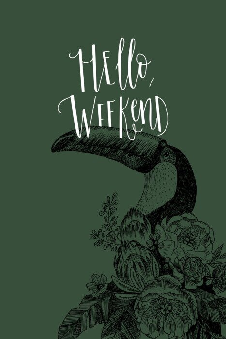 Poster Exotische vogel tukan met bloeiende bloemen en Hallo, weekend inscriptie. Uitnodiging, briefkaarten decoratief element. Tropisch concept. bloem concept. Vector ontwerp