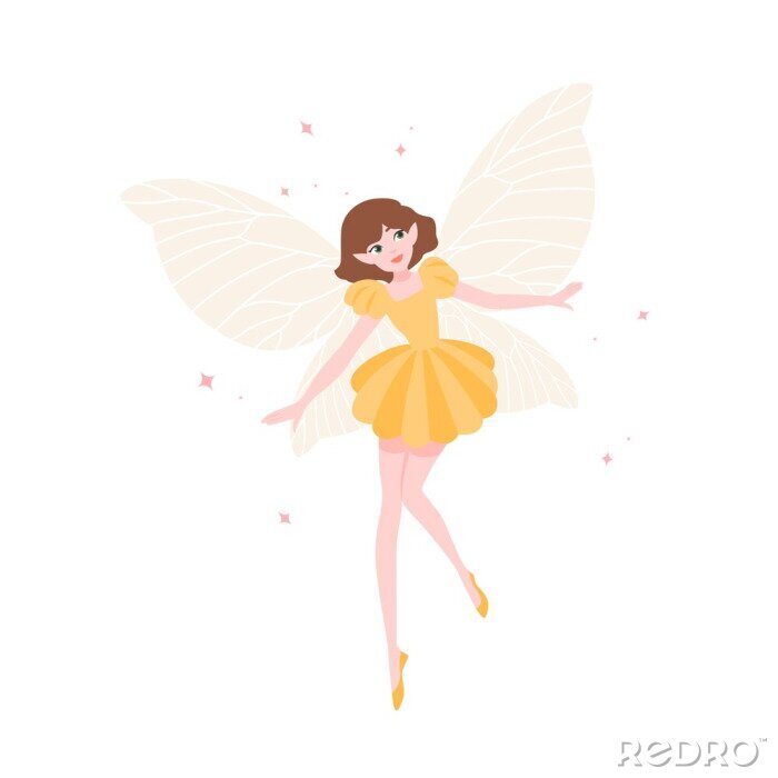 Poster Fairy in een gele jurk en pantoffels