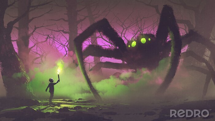 Poster Fantasie figuur en gigantische spin