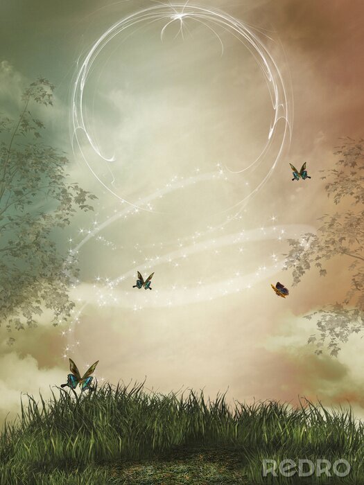 Poster fantasie landschap met glitters en vlinder