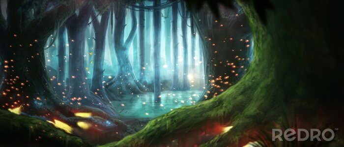 Poster Fantasie midden in een bos en een meer