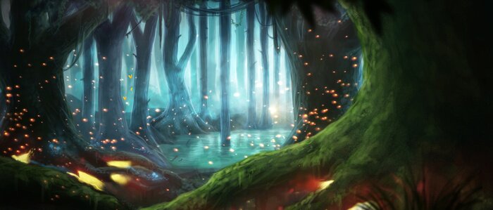 Poster Fantasie midden in een bos en een meer