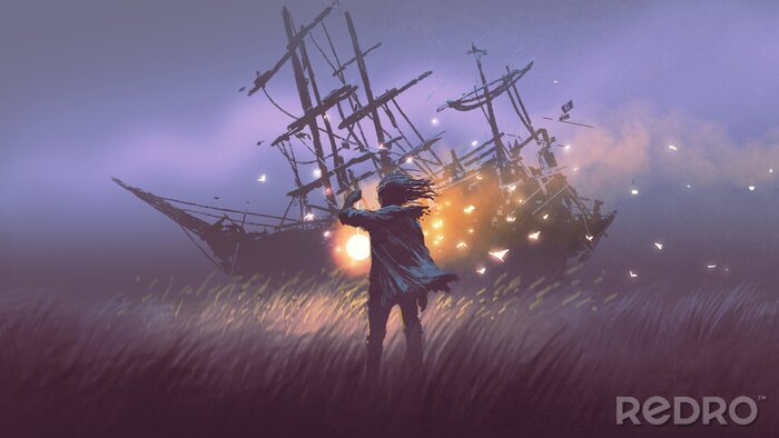 Poster Fantasie schip in het veld