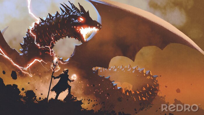 Poster Fantasie tovenaar en verschrikkelijke draak