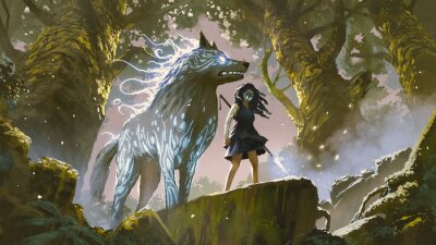 Poster Fantasiebos en een meisje met een wolf