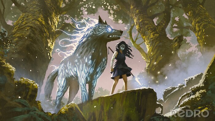 Poster Fantasiebos en een meisje met een wolf