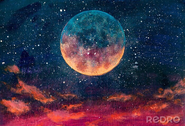 Poster Fantastic oil painting beautiful big planet moon among stars in universe. Fantasy concept cosmos fine art paintingartwork for book illustration