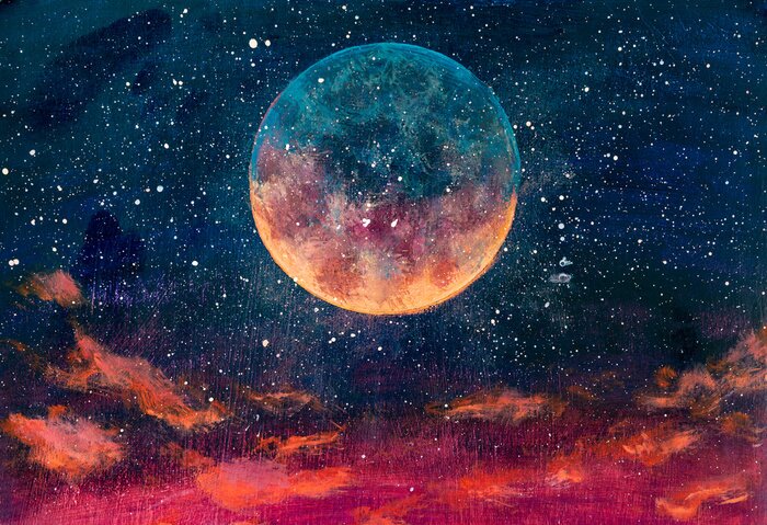 Poster Fantastic oil painting beautiful big planet moon among stars in universe. Fantasy concept cosmos fine art paintingartwork for book illustration