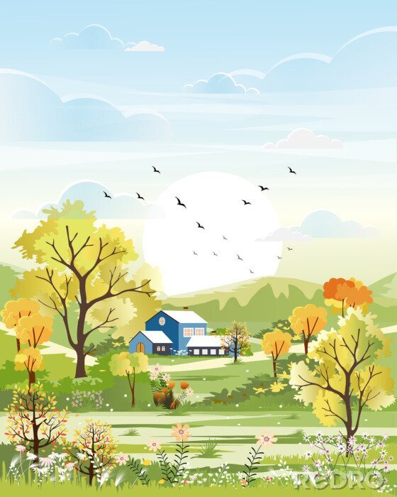 Poster Fantasy panorama landscapes of Countryside in spring farm field, Panoramic of summer with blue sky, farm house, mountains, wild flowers  in green foliage. Natural background for banner
