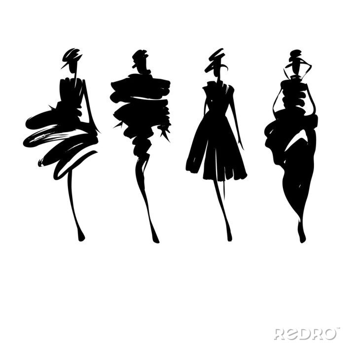Poster Fashion modellen getrokken schets de hand, gestileerde silhouetten geïsoleerd. Vector mode illustratie set. Fashion logo.