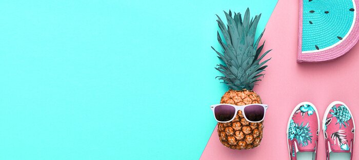 Poster Fashion. Pineapple hipster in sunglasses, stylish sneakers, handbag. Minimal concept, summer accessories, tropical pineapple. Creative art fashionable concept, summertime, banner