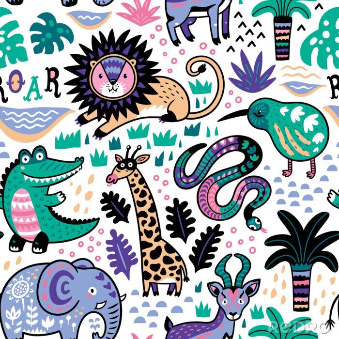 Poster Fashion safari naadloos patroon met jungle dieren in vector