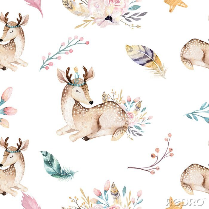 Poster Fawns veren en planten pastel illustratie