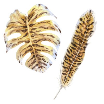 Poster Feathers And Leaves Wild Animals Watercolor Set. Tiger Skin 
