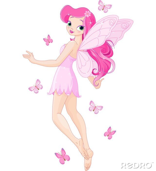 Poster Fee met lang roze haar en vlinders