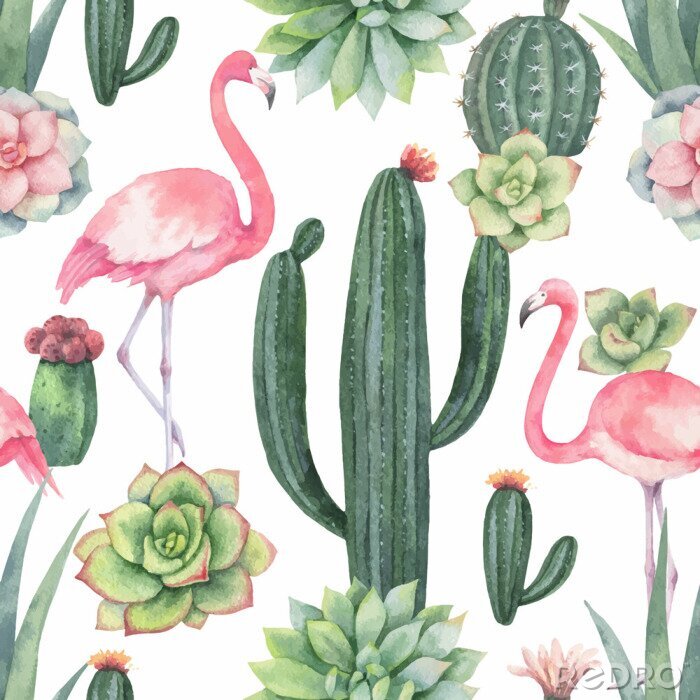 Poster Felroze flamingo's op een motief met cactussen