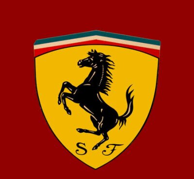 Poster Ferrari-logo met een zwart paard op een gele achtergrond.