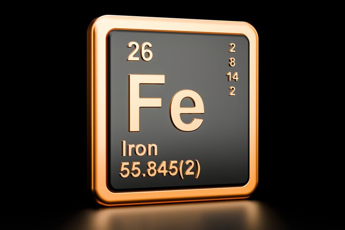 Poster Ferrum iron Fe chemical element. 3D rendering