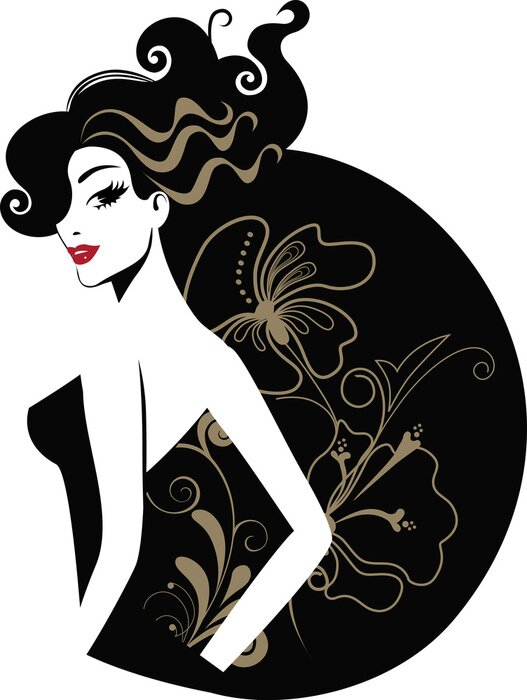 Poster Figuur van een vrouw met rode lippen op een achtergrond van een bloemmotief