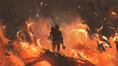 firefighter holding girl standing in burning buildings, digital art style, illustration painting