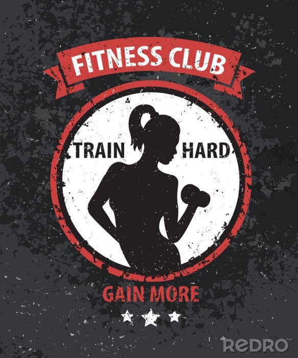 Poster Fitness Club grunge kleur logo, print met atletische meisje, vector illustratie