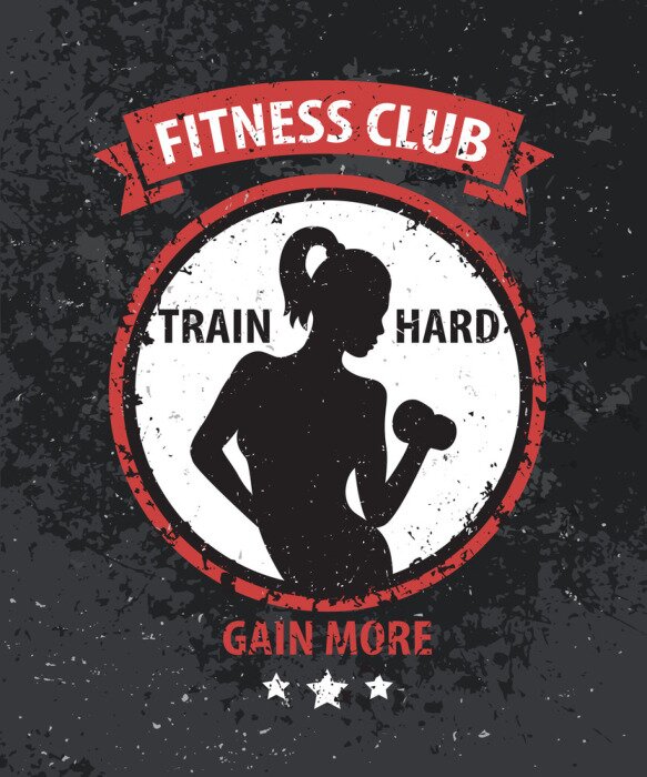 Poster Fitness Club grunge kleur logo, print met atletische meisje, vector illustratie