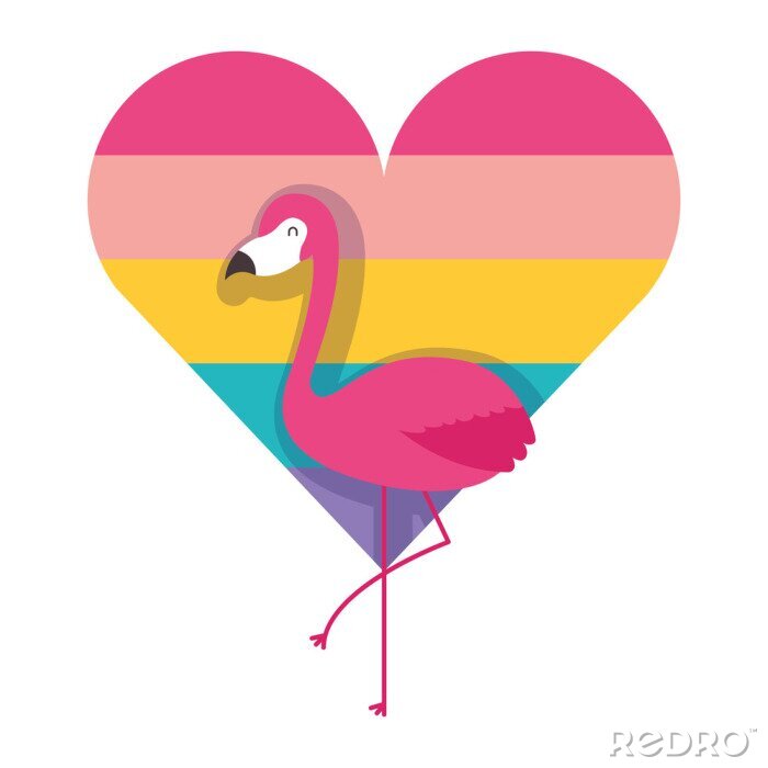 Poster flamingo en hart liefde met kleur regenboog vectorillustratie