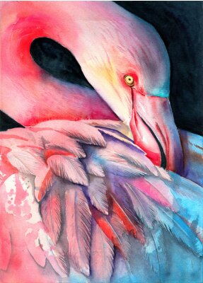 Flamingo geschilderd met waterverf op een donkere achtergrond