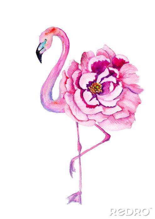 Poster Flamingo met een exotische bloem