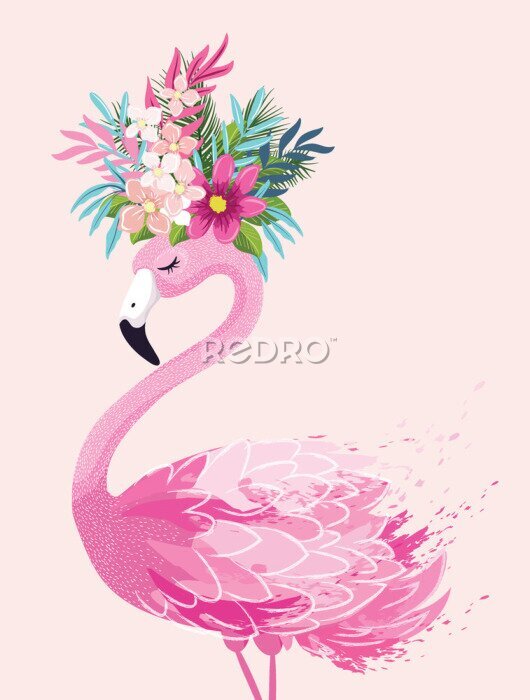 Poster Flamingo met een krans van bloemen