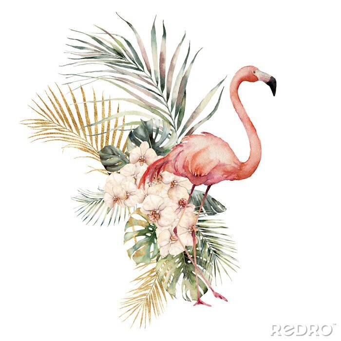 Poster Flamingo omgeven door tropische planten