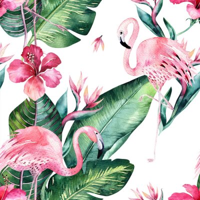 Flamingo's bloemen en monstera bladeren op motief met witte achtergrond