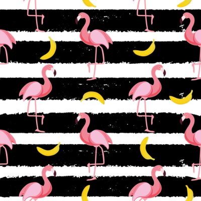 Flamingo's en bananen op een gestreept patroon