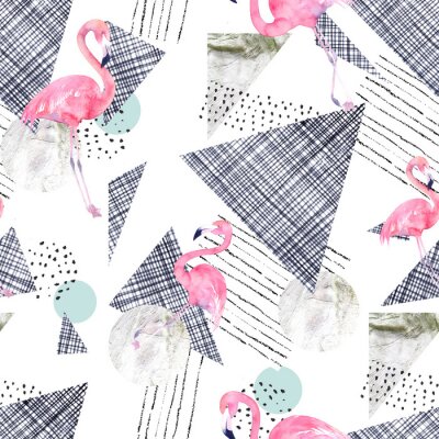 Behang Flamingo's en geometrische vormen