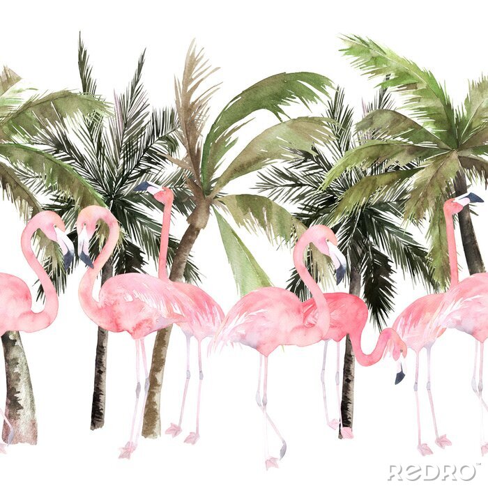 Poster Flamingo's en palmbomen