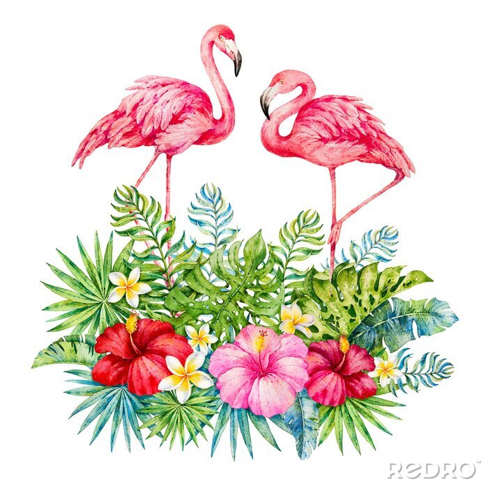 Poster Flamingo's in tropische bladeren