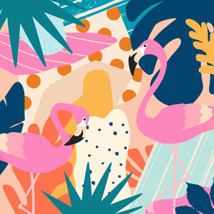Poster Flamingo's op de achtergrond van een kleurrijke jungle
