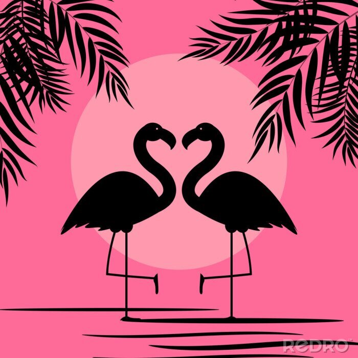 Poster Flamingo's tussen de palmen