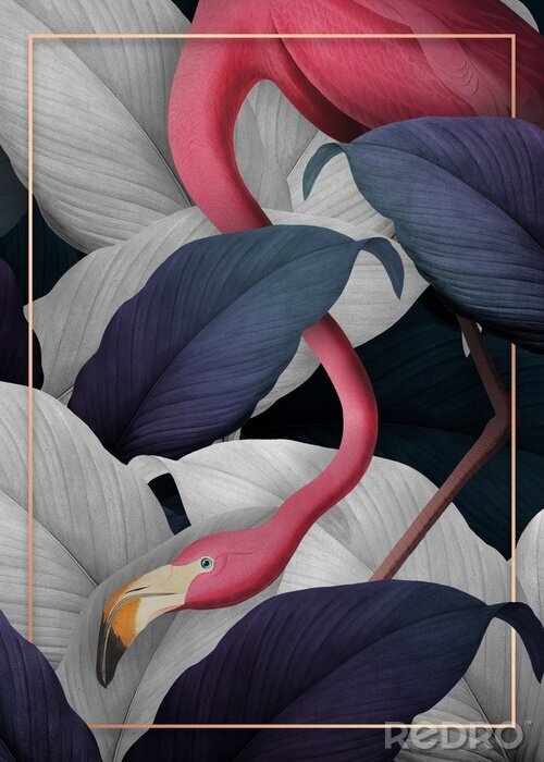 Poster Flamingo tussen grijze bladeren