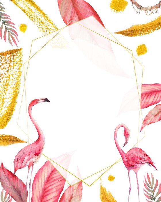 Poster Flamingos party invitation. Watercolor tropical illustration with flamingo couple, golden strokes and exotic tree leaves background. Hand drawn bright card design